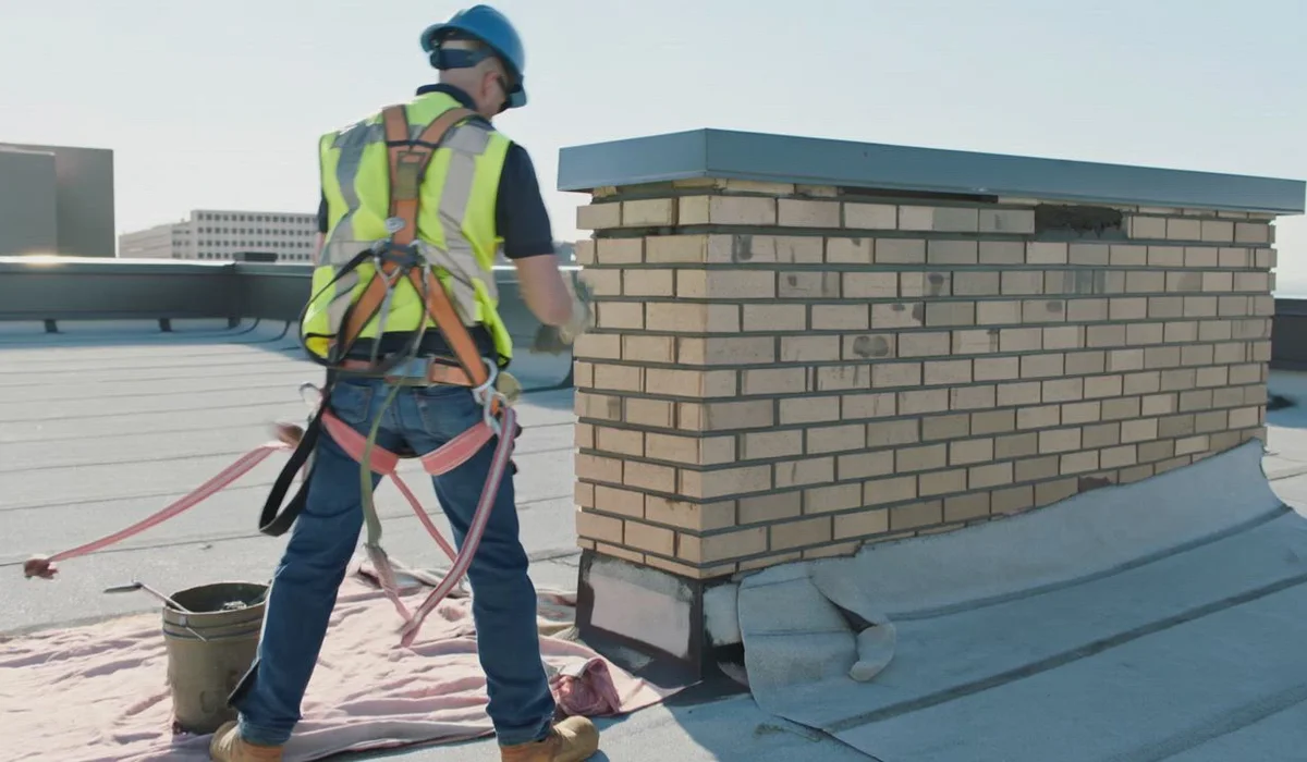 Commercial masonry chimney repair work from roof access