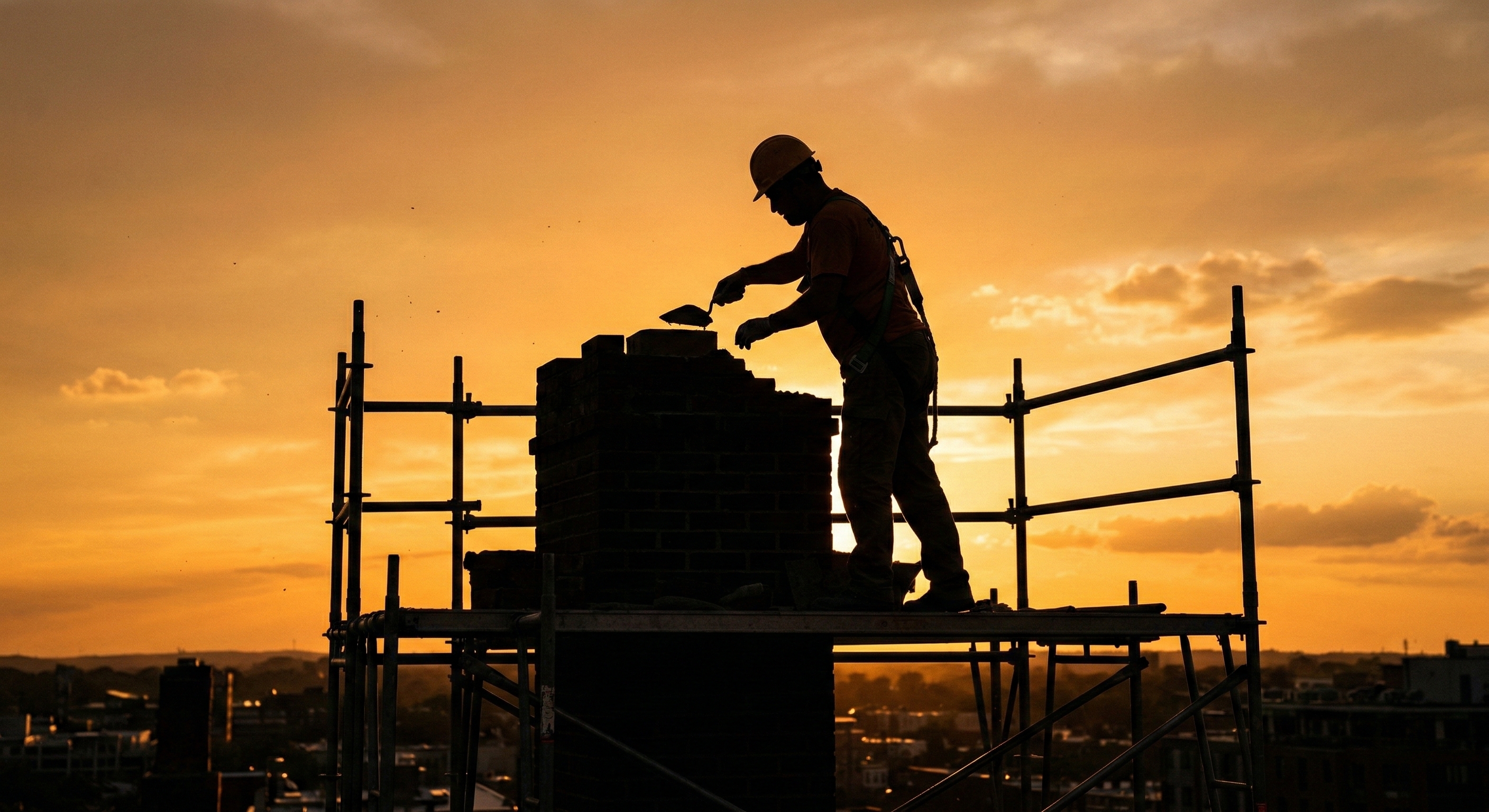 Chimney masonry work at sunset